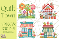 Quilted Town Clipart, Patchwork Village PNG, Cartoon Quilted Product Image 1