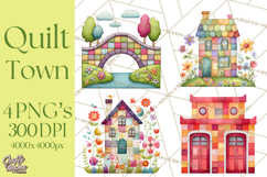Quilted Town Clipart, Patchwork Village PNG, Cartoon Quilted Product Image 1