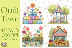 Quilted Town Clipart, Patchwork Village PNG, Cartoon Quilted Product Image 1
