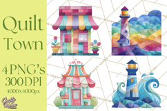 Quilted Town Clipart, Patchwork Village PNG, Cartoon Quilted Product Image 1