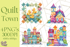 Quilted Town Clipart, Patchwork Village PNG, Cartoon Quilted Product Image 1