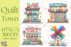 Quilted Town Clipart, Patchwork Village PNG, Cartoon Quilted Product Image 1