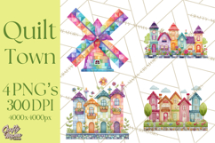 Quilted Town Clipart, Patchwork Village PNG, Cartoon Quilted Product Image 1