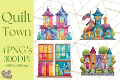 Quilted Town Clipart, Patchwork Village PNG, Cartoon Quilted Product Image 1