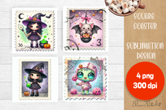 Halloween Postage Stamp Sublimation Coaster | Square Coaster Product Image 1