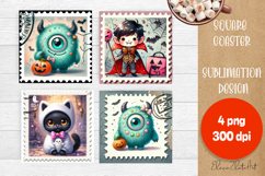 Halloween Postage Stamp Sublimation Coaster | Square Coaster Product Image 1