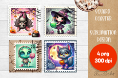 Halloween Postage Stamp Sublimation Coaster | Square Coaster Product Image 1