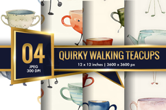 Quirky Walking Teacups with Tiny Legs Watercolor Seamless DP Product Image 1