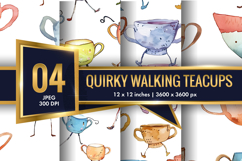 Quirky Walking Teacups with Tiny Legs Watercolor Seamless DP Product Image 1