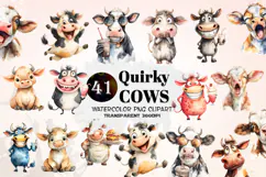 Quirky Watercolor Cow Clipart Funny Farm Cow Characters PNG Product Image 1