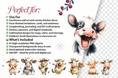 Quirky Watercolor Cow Clipart Funny Farm Cow Characters PNG Product Image 2