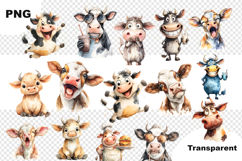 Quirky Watercolor Cow Clipart Funny Farm Cow Characters PNG Product Image 3