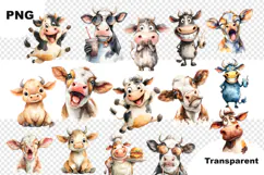 Quirky Watercolor Cow Clipart Funny Farm Cow Characters PNG Product Image 3