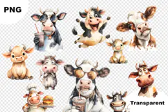 Quirky Watercolor Cow Clipart Funny Farm Cow Characters PNG Product Image 4