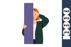 Woman peeking from behind purple board with hand on forehead Product Image 1