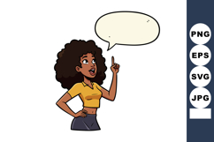 Woman with curly hair speaking and pointing finger with spee Product Image 1
