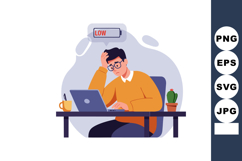 Man sitting at desk working on laptop with low battery alert Product Image 1