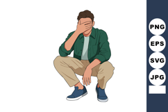 Young man squatting with hand covering face casual clothing Product Image 1