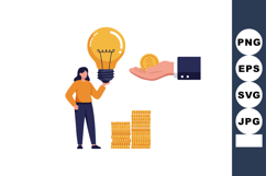 Woman holding yellow light bulb with hand giving gold coin a Product Image 1