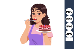 Young woman tasting strawberry chocolate cake holding plate Product Image 1