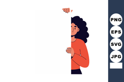 Woman with curly hair holding blank white vertical sign vect Product Image 1
