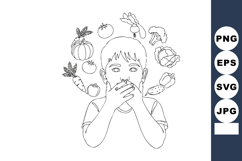 Child covering mouth surrounded by various vegetables vector Product Image 1