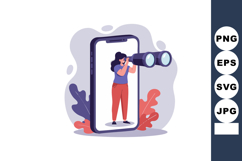 Woman looking through binoculars standing inside smartphone Product Image 1