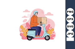 Delivery person riding light blue scooter with cardboard box Product Image 1