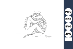 Abstract line art of seated woman with curly hair and circul Product Image 1