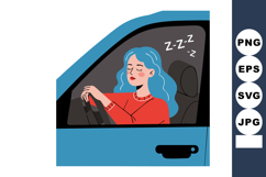 Woman Sleeping Inside Blue Car Driver Seat Illustration Vect Product Image 1