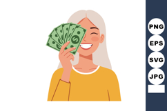 Woman holding money smiling happily with green bills in hand Product Image 1