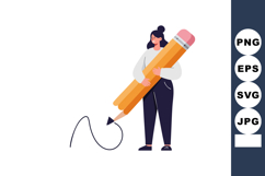 Woman holding giant pencil drawing line vector illustration Product Image 1