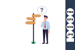 Confused businessman standing near blank wooden signpost wit Product Image 1