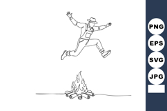 Man jumping over campfire outdoor adventure line art vector Product Image 1