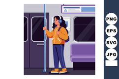 Young woman listening to music on subway train with headphon Product Image 1