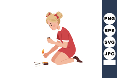 Girl in red dress lighting matchstick with box on white back Product Image 1