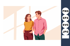Young couple standing indoors looking at each other in casua Product Image 1