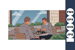 Two men playing chess at outdoor table in casual setting on Product Image 1