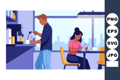 Young man making coffee while woman uses tablet in modern ca Product Image 1