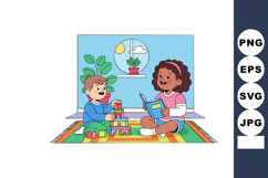 Children playing with educational toys and reading books ind Product Image 1