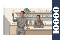 Two men in modern kitchen holding glass and leaning on count Product Image 1