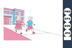 Children running outside near building with playful expressi Product Image 1