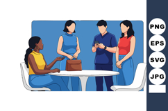 Group of diverse people socializing around table using techn Product Image 1