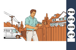 Man fixing wooden fence in suburban neighborhood with moving Product Image 1