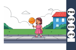 Little girl walking with basketball on urban sidewalk near b Product Image 1
