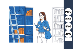 Woman reading book in library with blue and orange books she Product Image 1