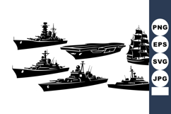 Vintage Navy Battleships Warship Vector Silhouettes Product Image 1