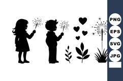 Silhouette Children Holding Sparklers Hearts Plants Product Image 1