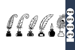 Vintage Feather Pens Ink Bottles Vector Set Product Image 1