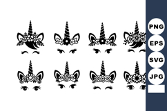 Unicorn Faces Floral Crowns Black Silhouettes Vector Product Image 1